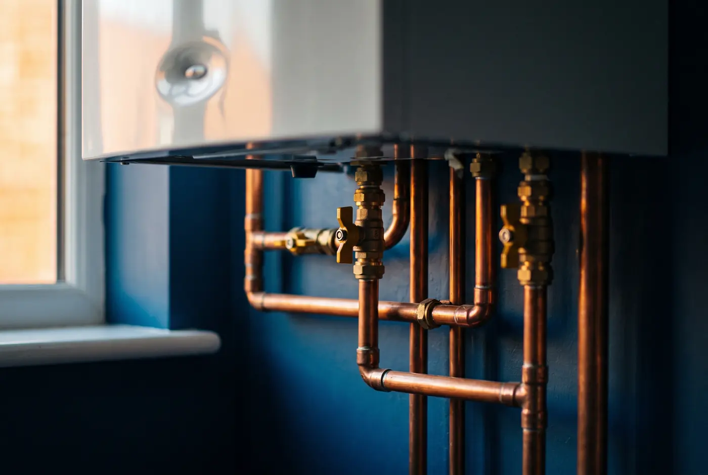 Copper pipework and brass valves beneath a combination boiler