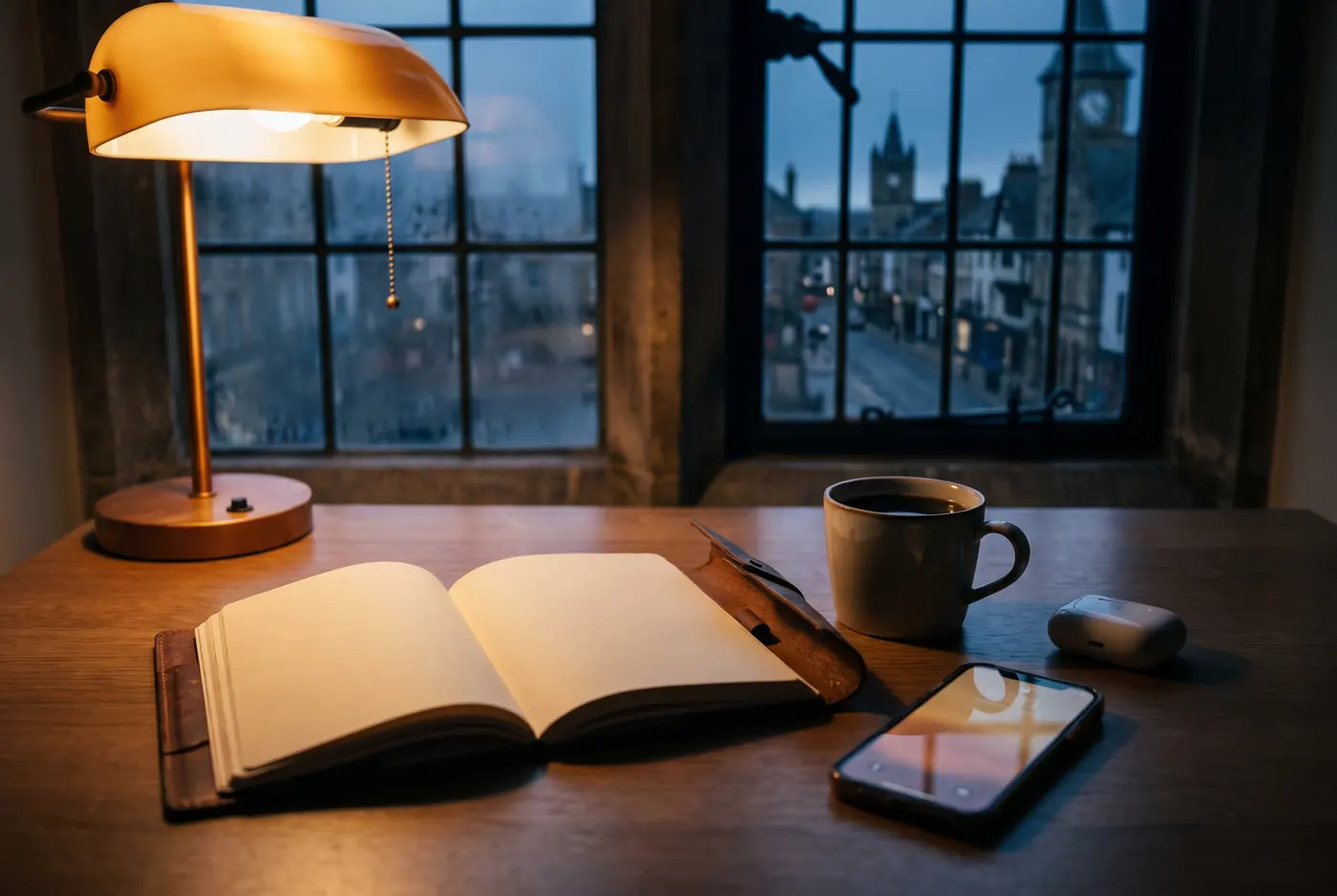 An early-morning desk with an open diary, a phone, coffee and earbuds by a window over a town