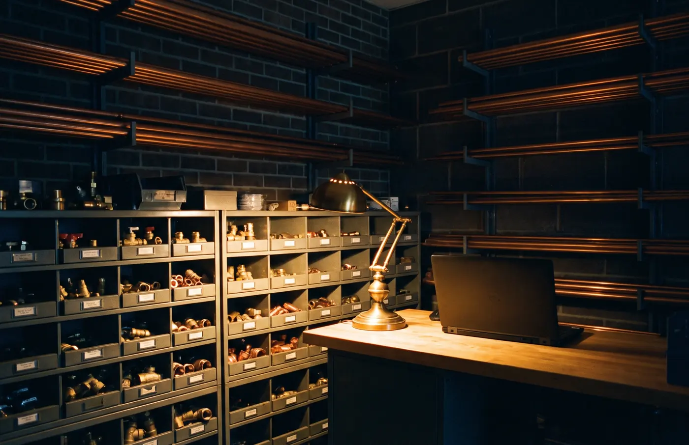 A plumbing stores room with labelled drawers of brass fittings and a workbench at night