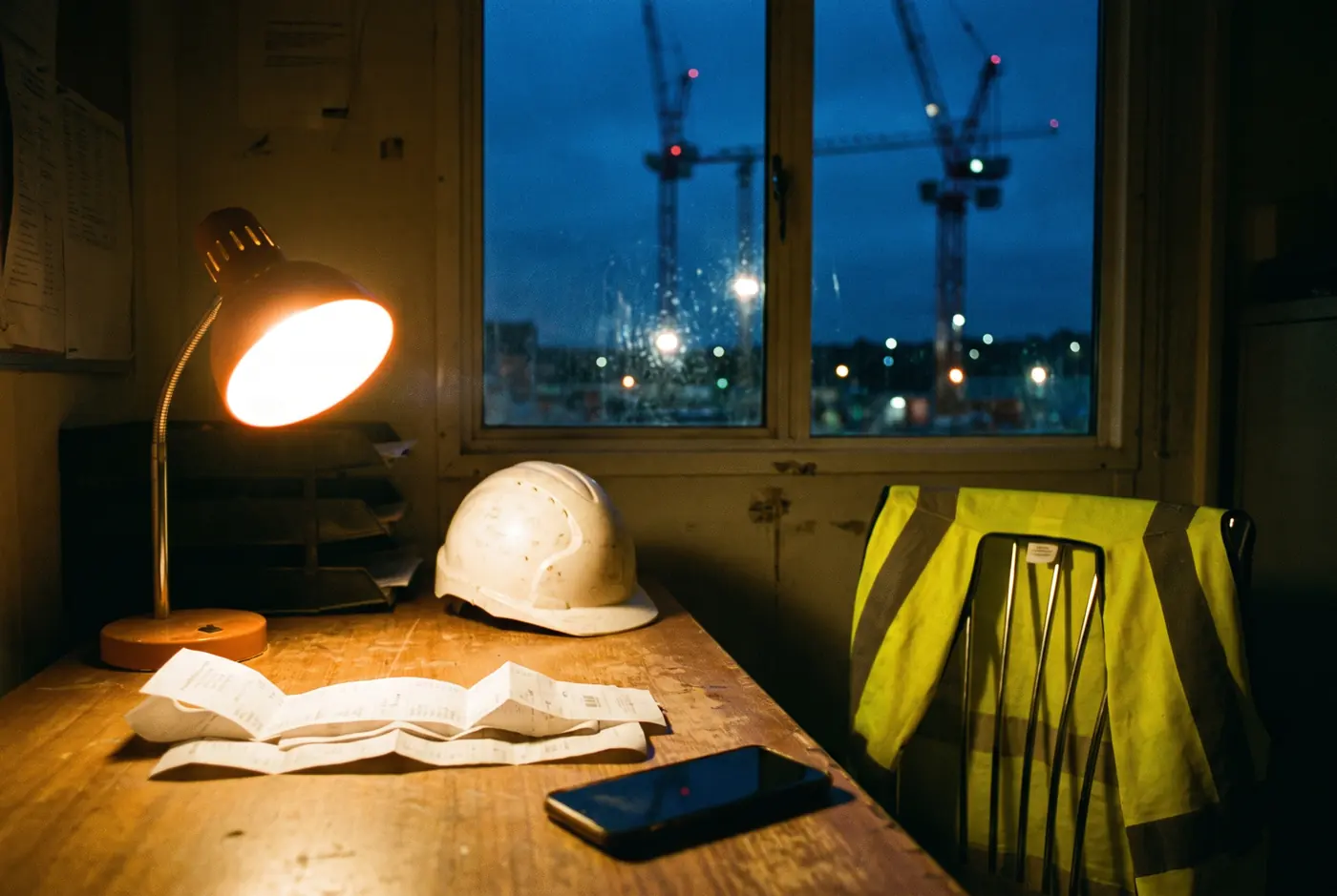 A site office desk at night with receipts, a hard hat and a hi-vis jacket, cranes outside the window