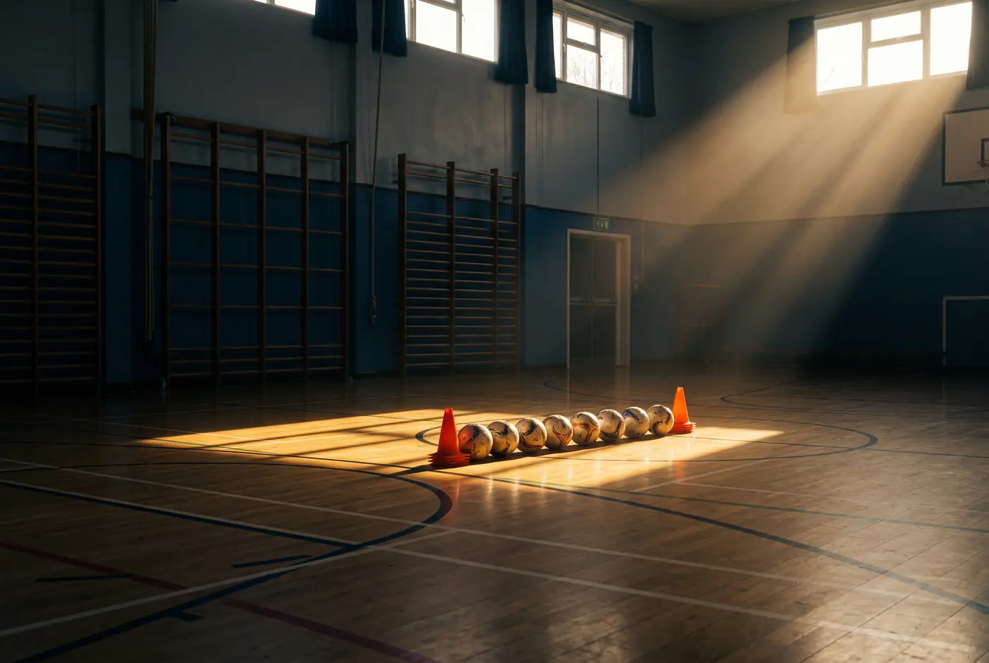 An empty school sports hall at dusk with a row of footballs and cones in a shaft of light