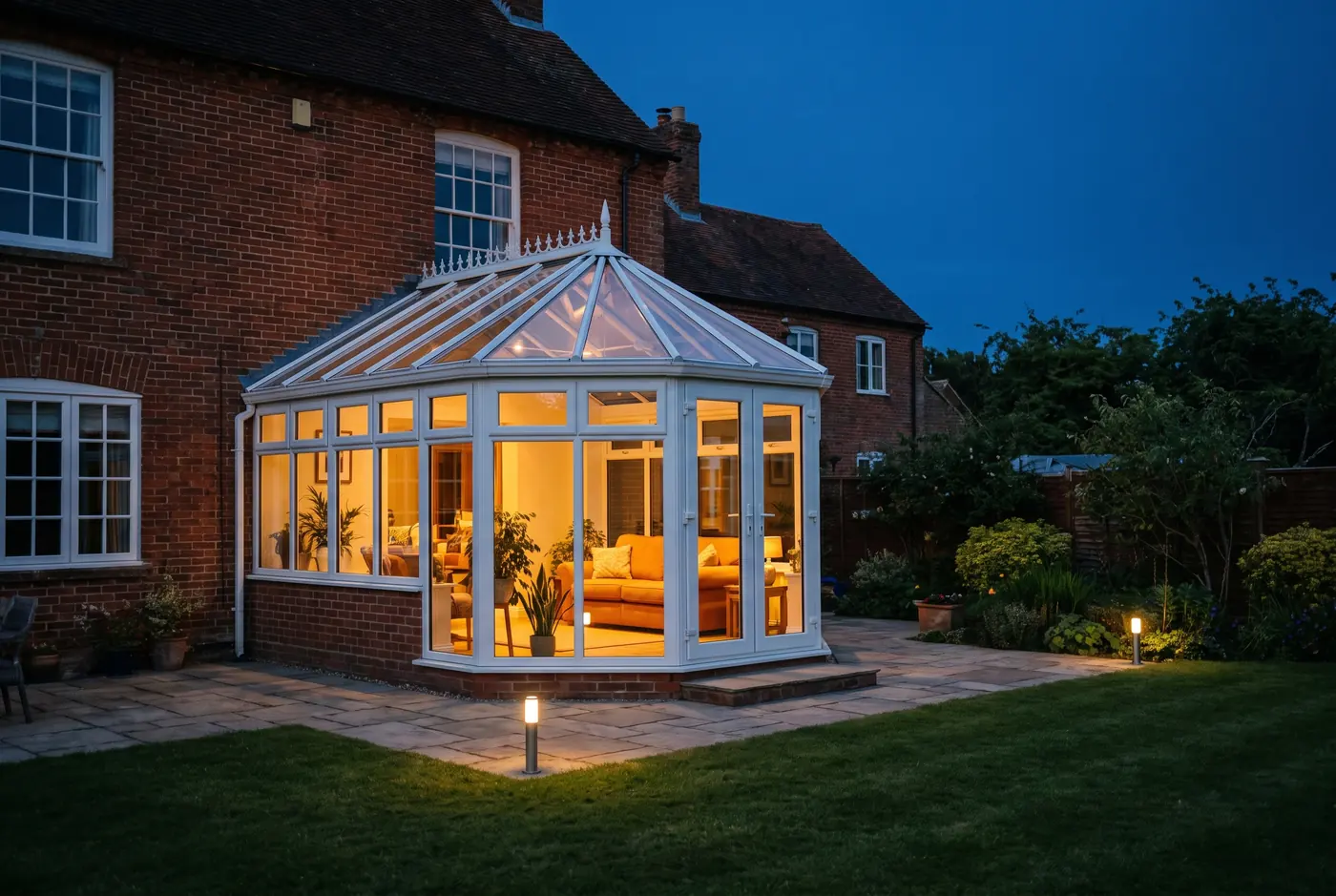 A white conservatory glowing at dusk on the back of a red brick house
